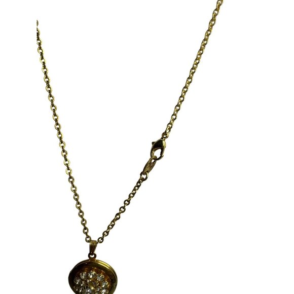 Gold Tone Crystal Round Locket Necklace Chain Vintage Style Photo Holder Pendant - Picture 6 of 8